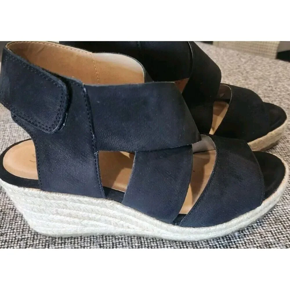 Soul Naturalizer Oshay Wedge Womans Size 8 Black Leather Espadrille Sandal‎